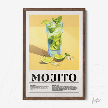 quadro com arte digital do drink mojito em moldura de madeira escura