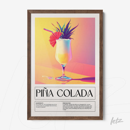 quadro com arte digital do drink piña colada em moldura de madeira escura