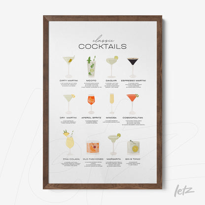 quadro com ilustrações de drinks clássicos em moldura marrom escura