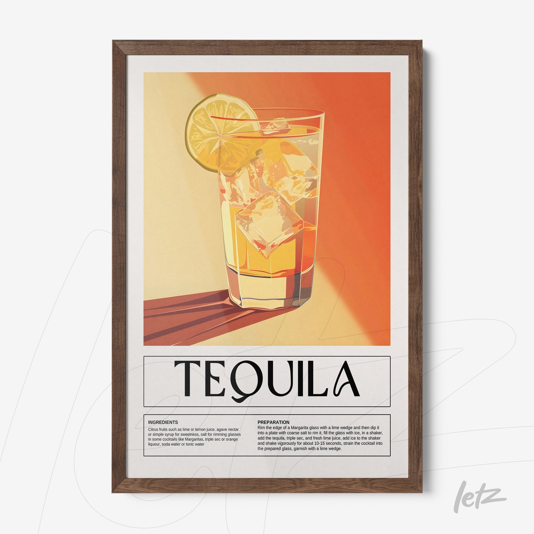quadro com arte digital de drink tequila servido em copo transparente com gelo e rodela de limão, moldura de madeira clara
