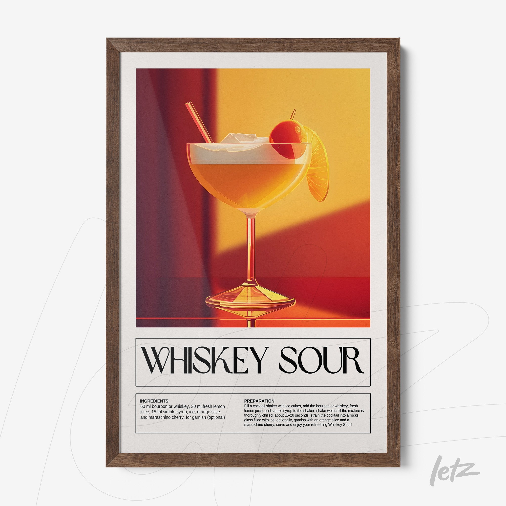 quadro com arte digital de drink whiskey sour em moldura de madeira escura com fundo vibrante em tons quentes