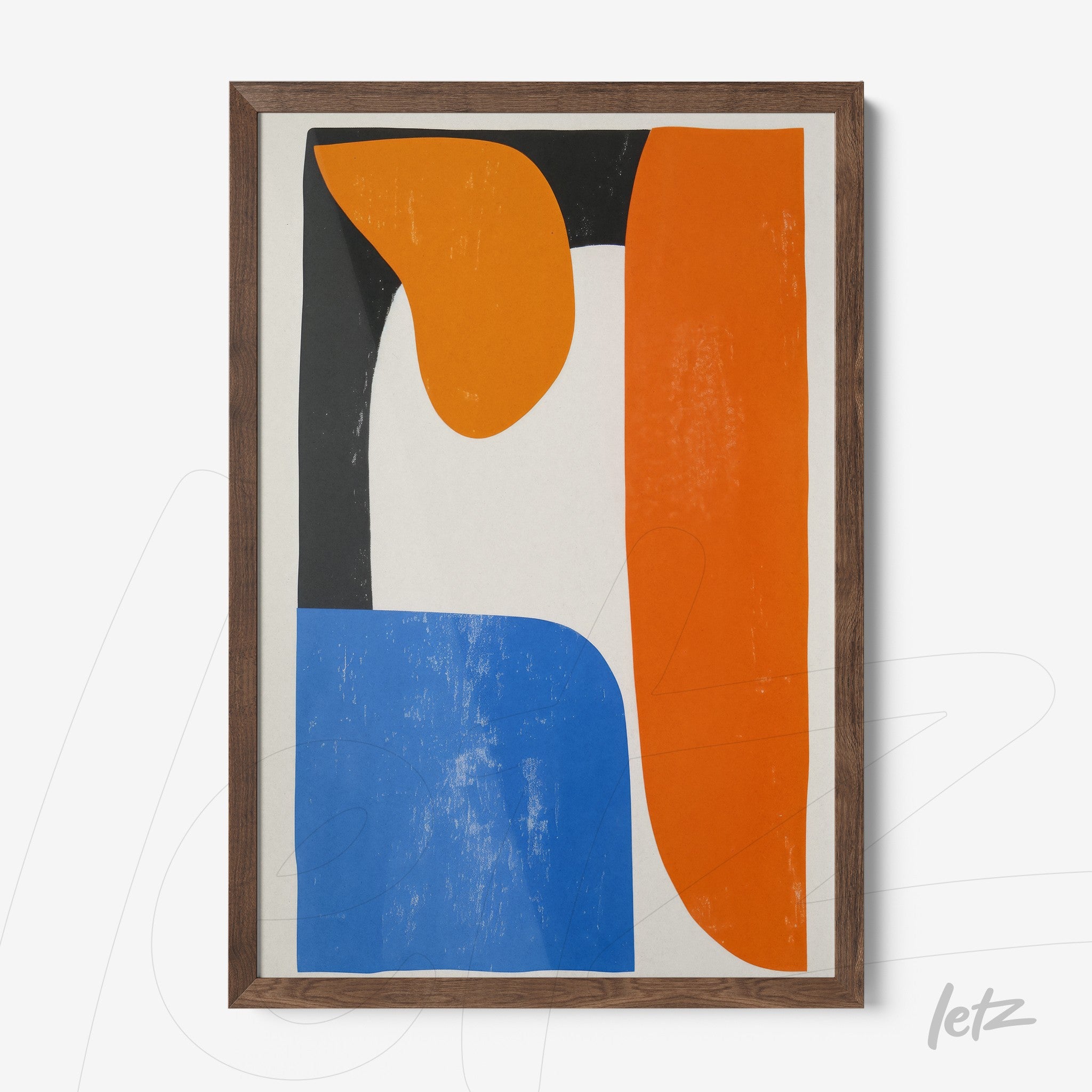 quadro com arte abstrata em formas geométricas nas cores azul, laranja e preto com moldura escura de madeira