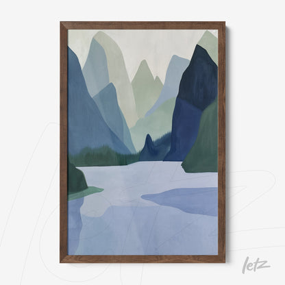 quadro com arte abstrata de paisagem montanhosa em moldura de madeira escura