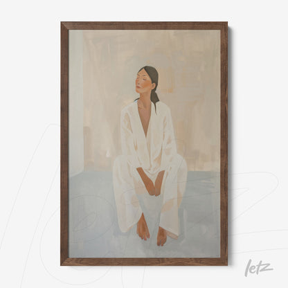 quadro com retrato de mulher sentada em roupas brancas, moldura de madeira escura e fundo suave