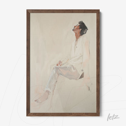 quadro emoldurado de retrato artístico de figura masculina sentado, com expressão pensativa, cabelo encaracolado, vestido com camisa branca e calças prateadas, moldura de madeira escura