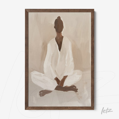 quadro com arte abstrata de figura feminina em meditação, moldura de madeira escura