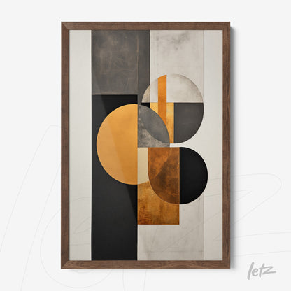 quadro abstrato com formas geométricas em tons de preto, dourado e cinza em moldura de madeira