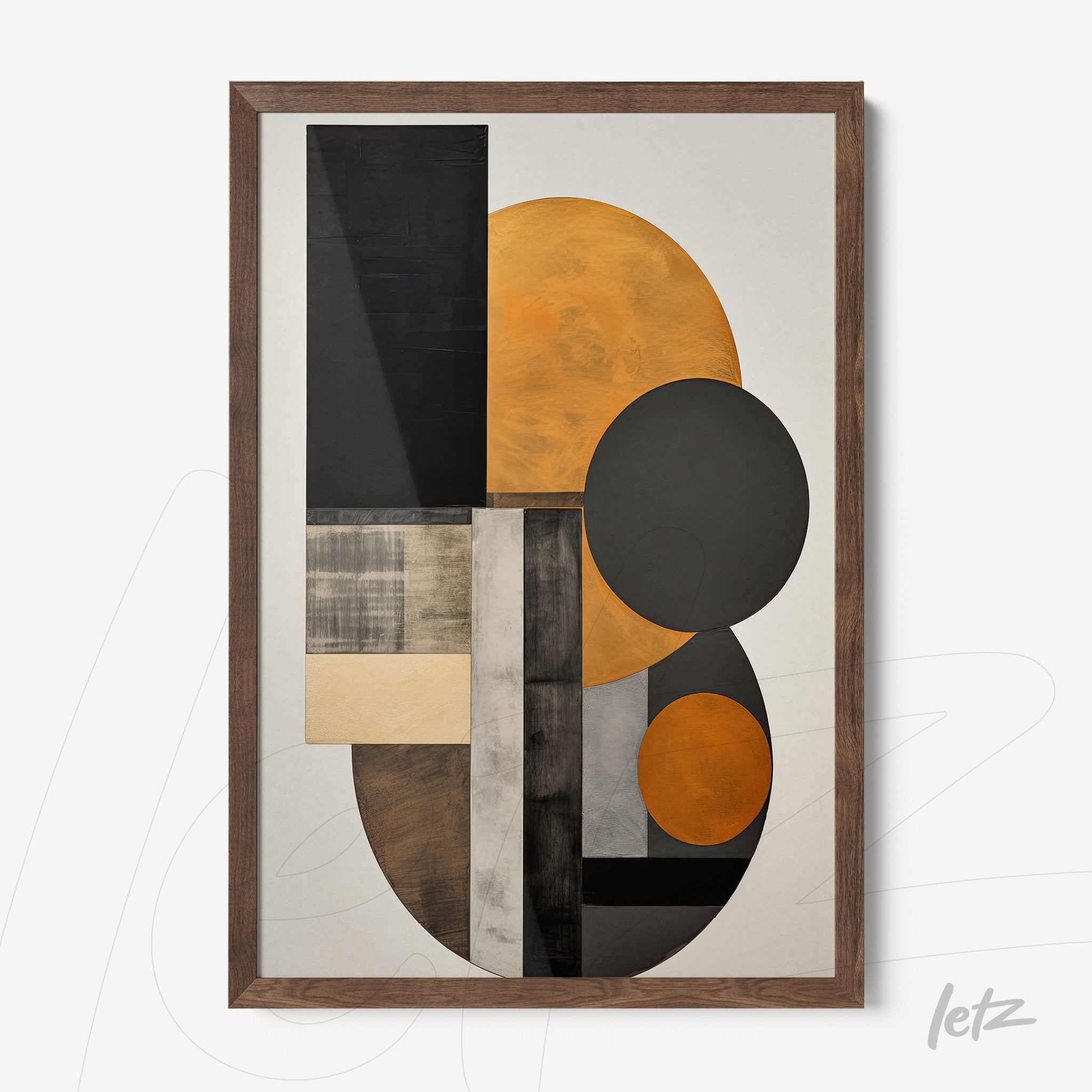 quadro decorativo com composição geométrica em tons de laranja, preto e cinza, em moldura madeira escura