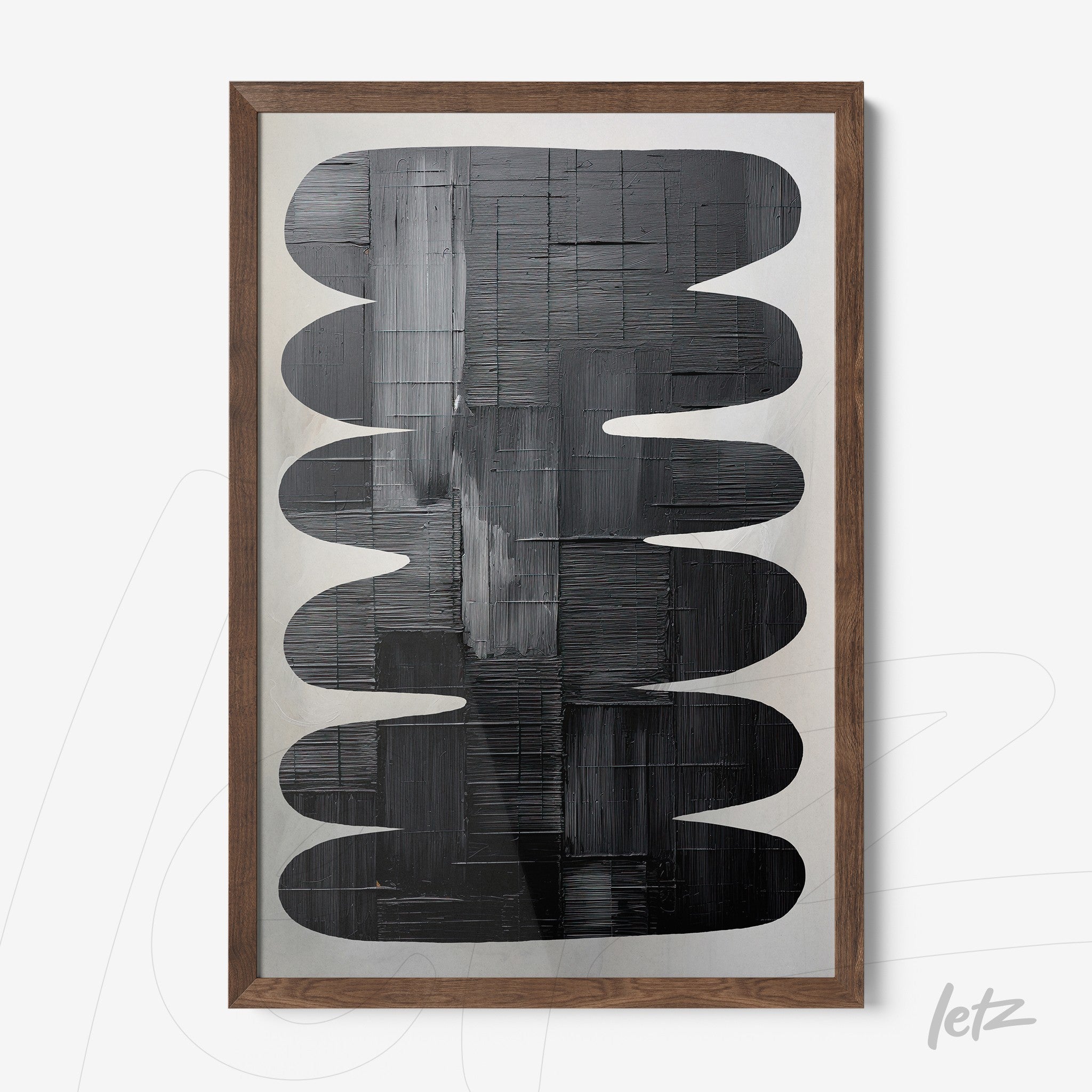 quadro com arte abstrata em tons de preto e cinza, com formas arredondadas e moldura de madeira clara