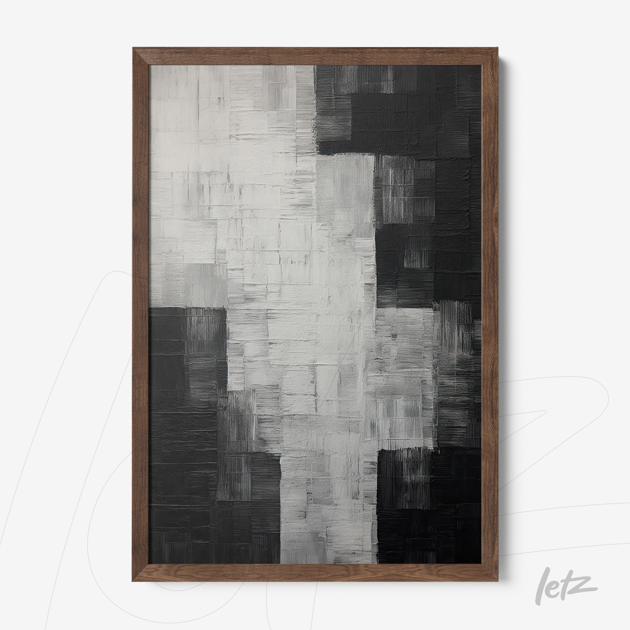 quadro abstrato em preto e branco com textura marcada em uma moldura de madeira escura