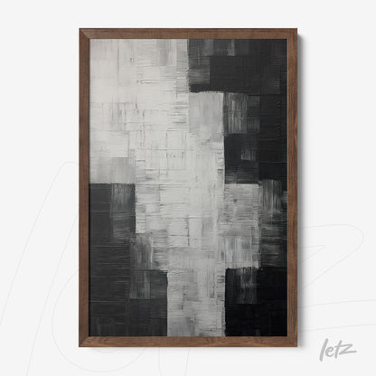 quadro abstrato em preto e branco com textura marcada em uma moldura de madeira escura