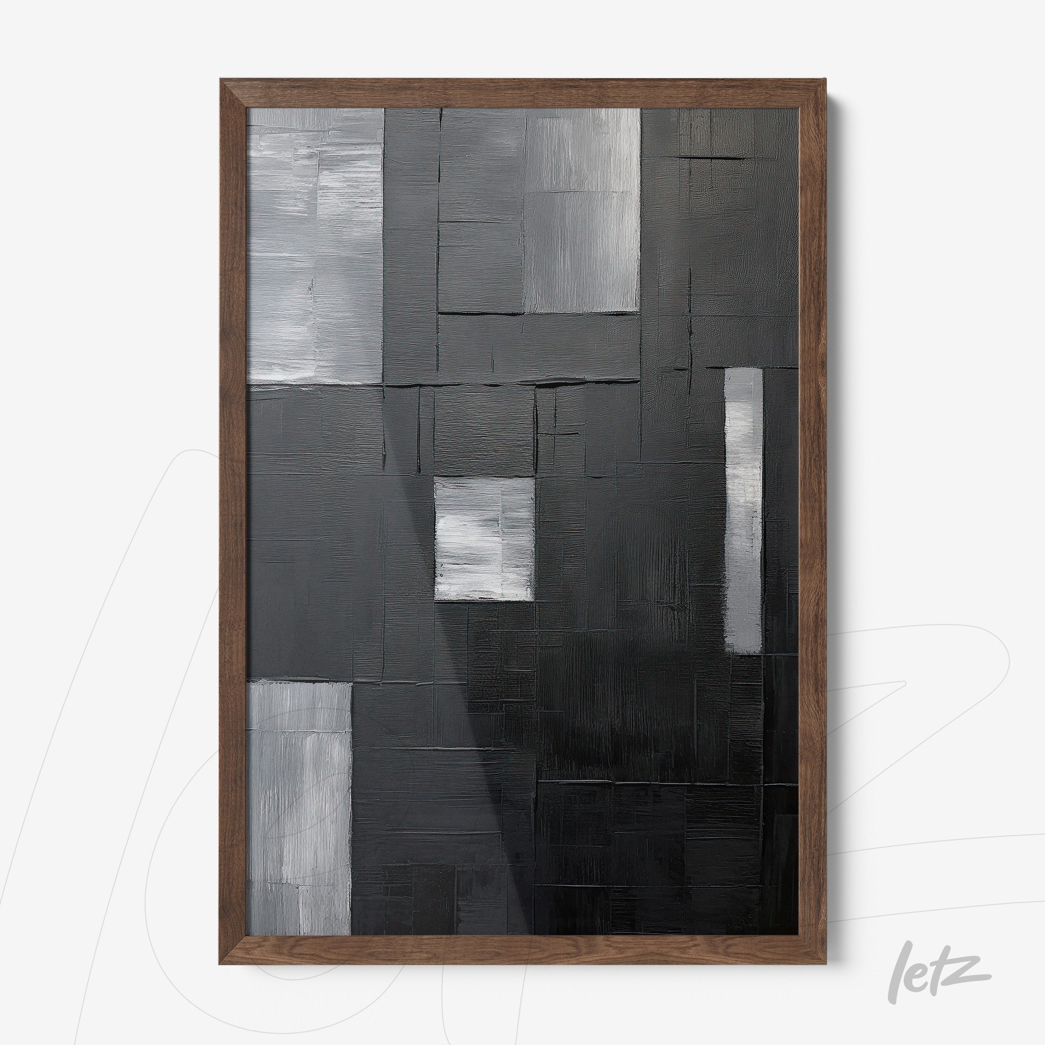 quadro moderno abstrato em cores preto, cinza e branco com textura geométrica em moldura de madeira escura