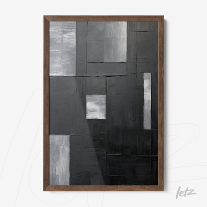 quadro moderno abstrato em cores preto, cinza e branco com textura geométrica em moldura de madeira escura