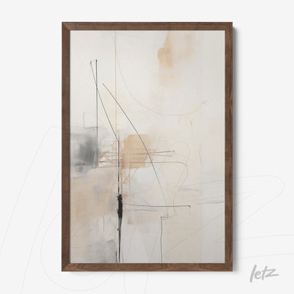quadro abstrato com traços em preto e tons suaves de bege em moldura de madeira escura