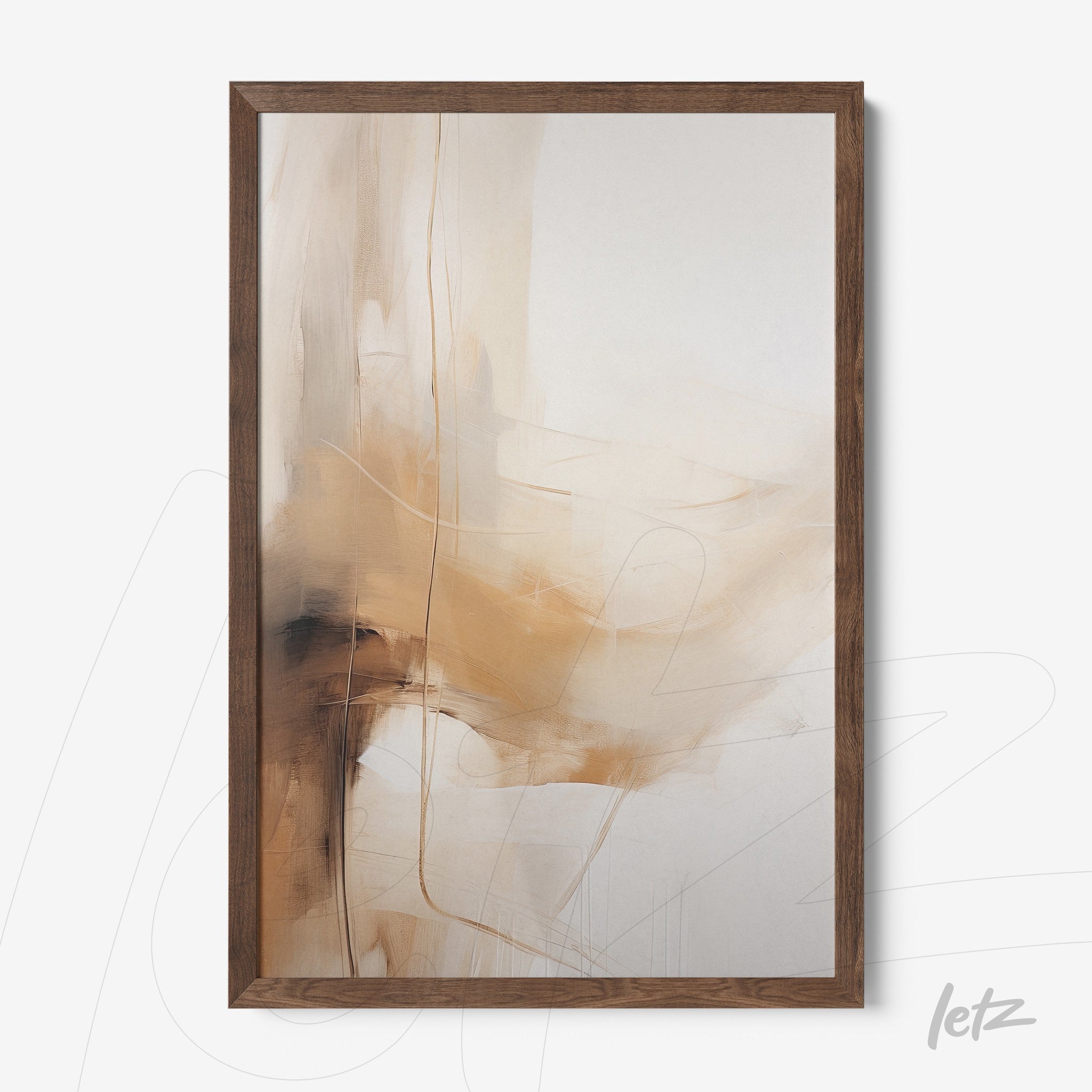 quadro com arte abstrata em tons de bege e marrom, apresentado em moldura de madeira escura