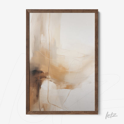 quadro com arte abstrata em tons de bege e marrom, apresentado em moldura de madeira escura