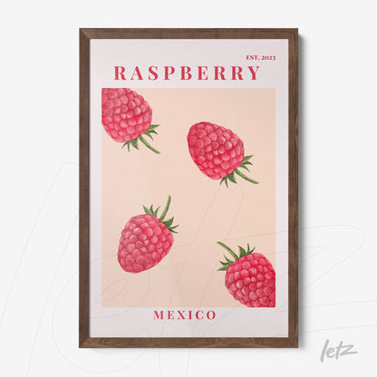 quadro com arte ilustrativa de framboesas em fundo claro e moldura de madeira escura