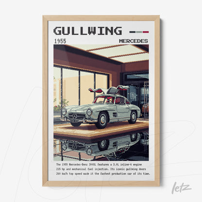 quadro com arte retrô de um carro Mercedes-Benz 300SL Gullwing em moldura de madeira clara e fundo minimalista
