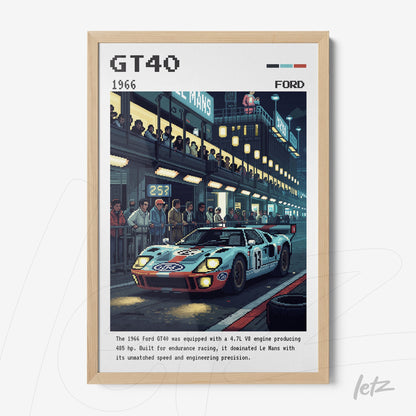 quadro com arte pixelada de um carro de corrida GT40 de 1966 em moldura de madeira clara com fundo de pista de corrida