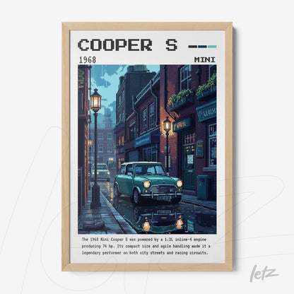 quadro com arte digital de um Mini Cooper S de 1968 em rua iluminada por lampiões em Londres