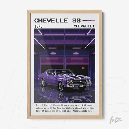 quadro com arte digital de um Chevrolet Chevelle SS 1970 em moldura de madeira clara