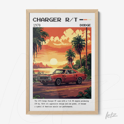 quadro emoldurado com arte pixelada de um Dodge Charger R/T 1970 em fundo tropcial com palmeiras