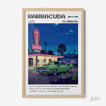 quadro com arte digital do Plymouth Barracuda verde, ao lado de um diner, em moldura de madeira clara