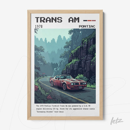 quadro emoldurado de arte pixelada do carro Pontiac Trans Am 1978 em paisagem montanhosa