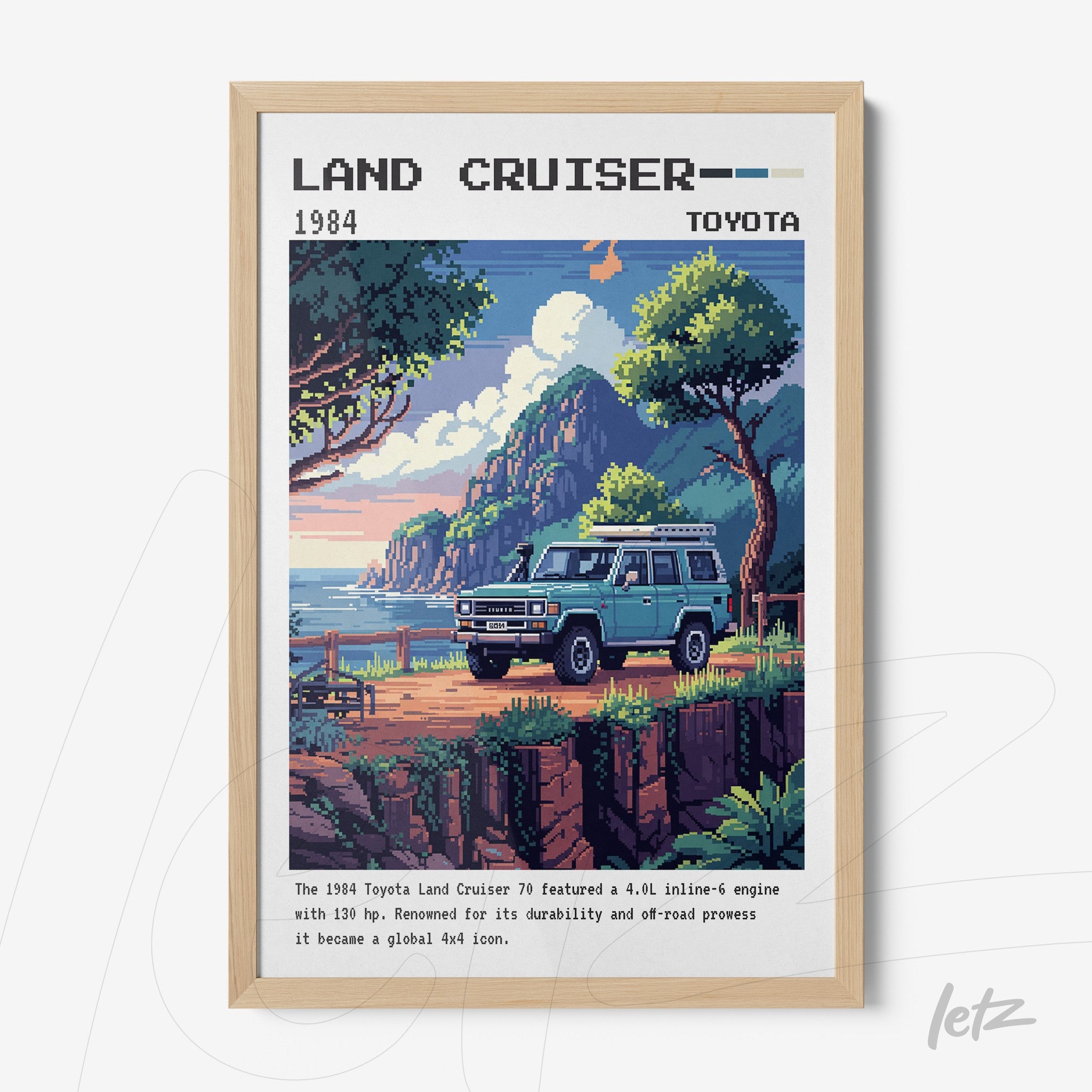 quadro com arte digital em estilo retrô do carro Land Cruiser 1984 em uma paisagem montanhosa com moldura de madeira clara