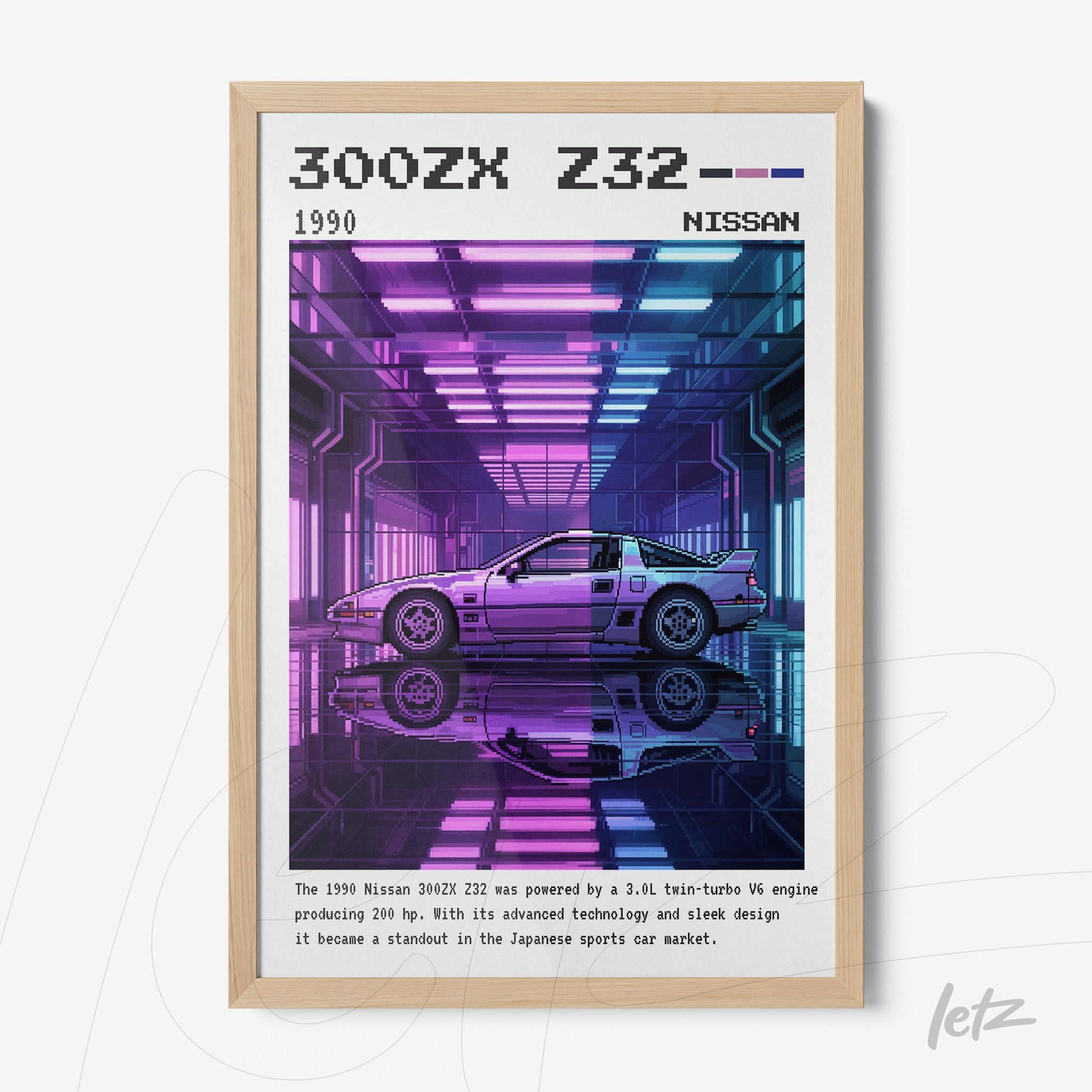 quadro com arte digital do carro Nissan 300ZX Z32 em moldura de madeira clara