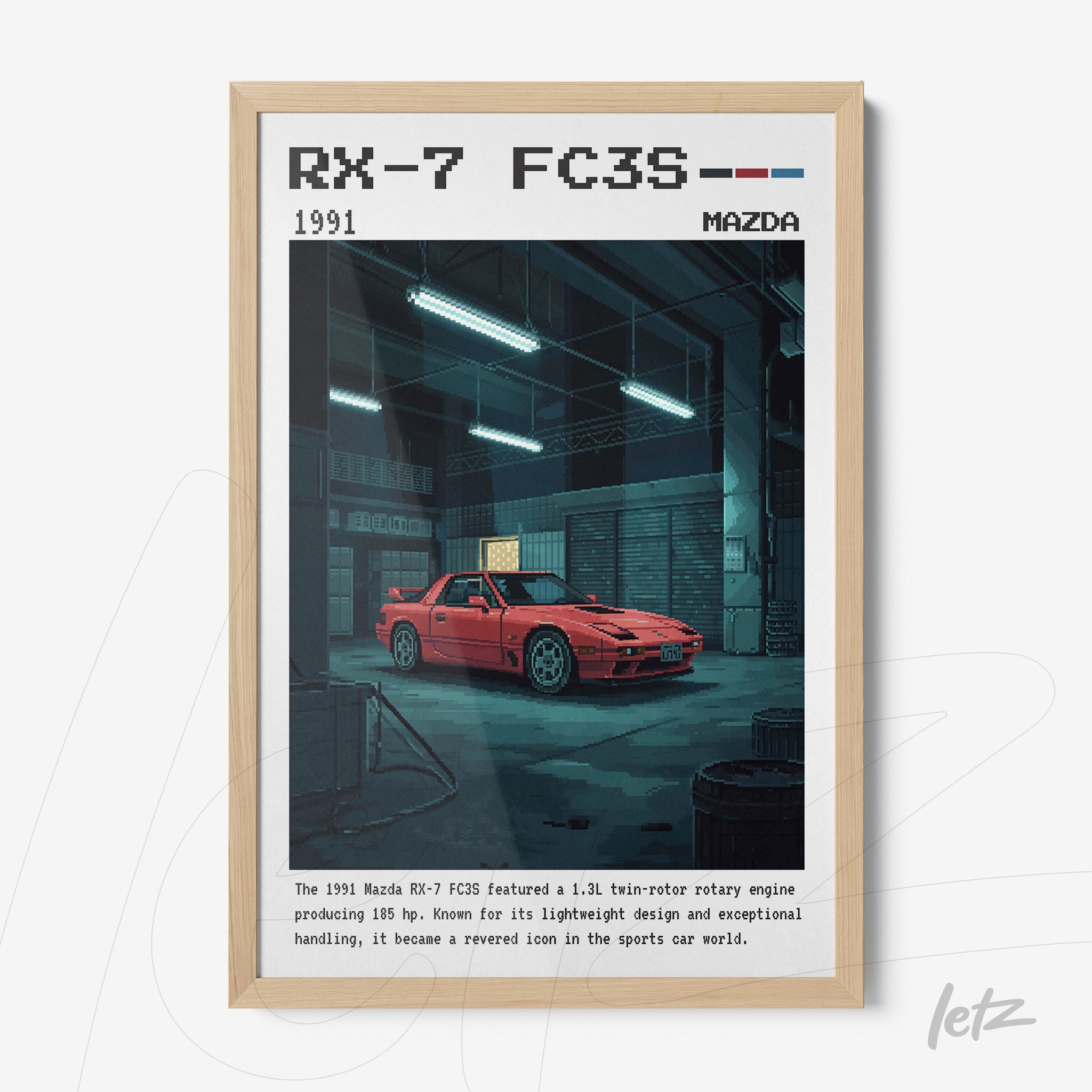 quadro com ilustração retro de um carro Mazda RX-7 FC3S de 1991 em moldura de madeira clara