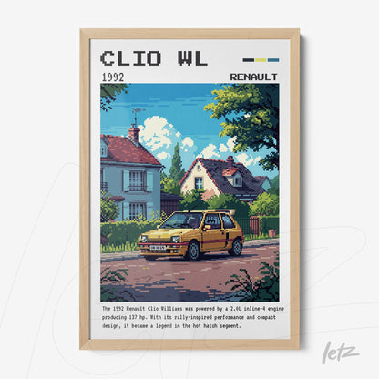 quadro com arte digital retrô de um carro Clio Williams amarelo em frente a uma casa com jardim, moldura clara