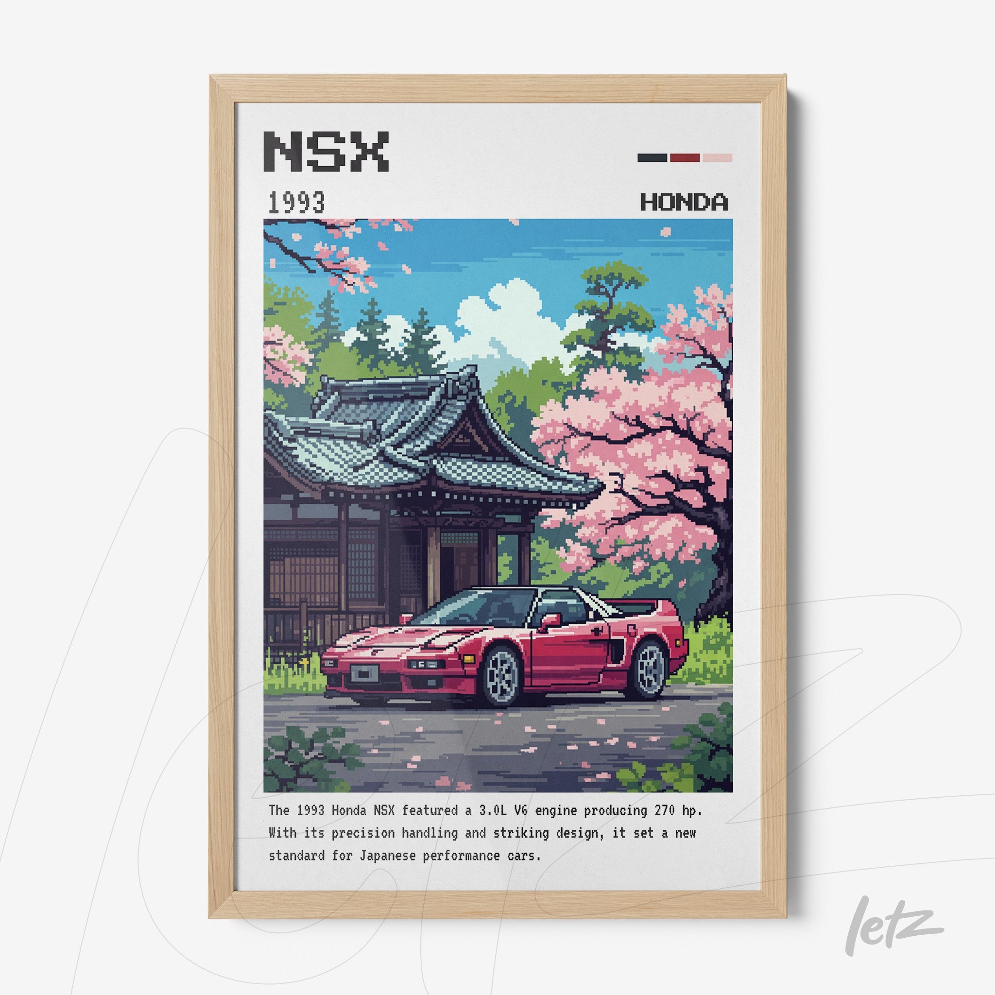 quadro com arte pixelada do carro Honda NSX em frente a uma arquitetura japonesa com flores de cerejeira, moldura de madeira clara