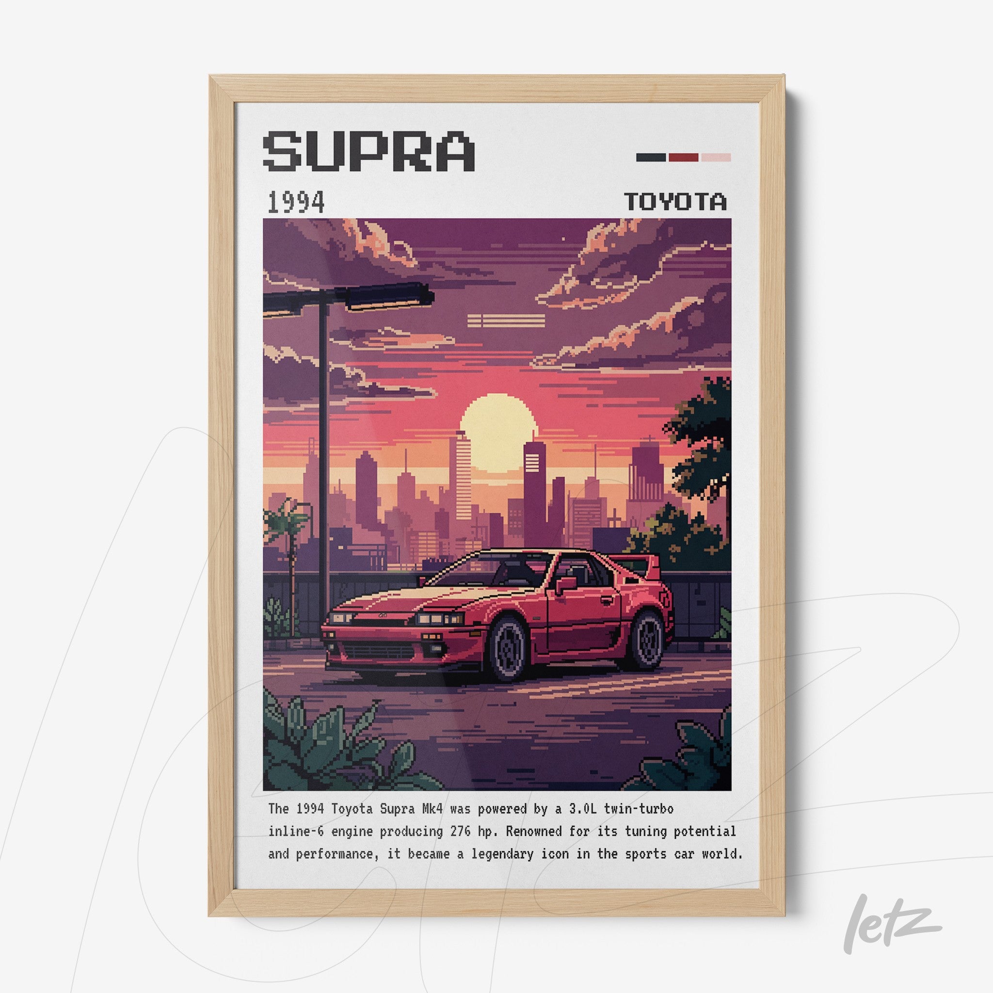 quadro com arte pixelada de carro Toyota Supra 1994 em moldura de madeira clara