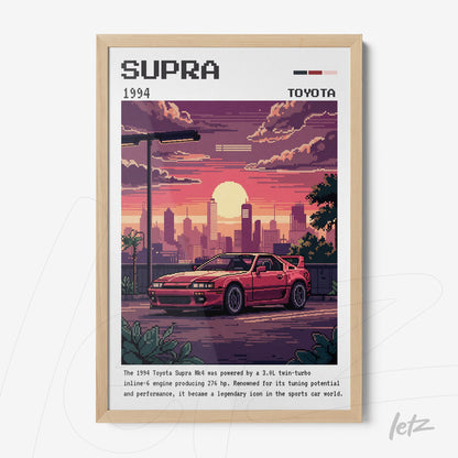 quadro com arte pixelada de carro Toyota Supra 1994 em moldura de madeira clara