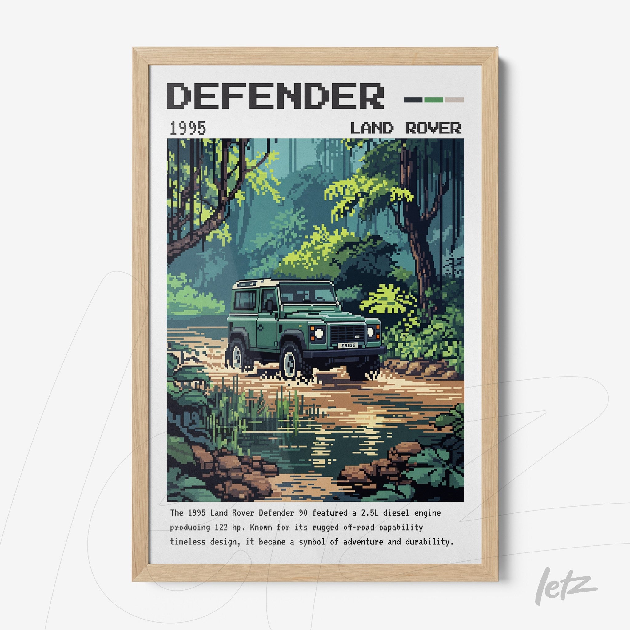 quadro com arte pixelada do Land Rover Defender 1995 em moldura de madeira clara