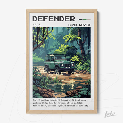 quadro com arte pixelada do Land Rover Defender 1995 em moldura de madeira clara