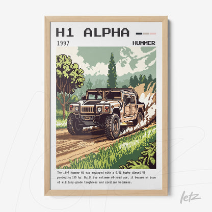 quadro com arte em estilo pixelado do veículo Hummer H1 de 1997 em moldura de madeira clara