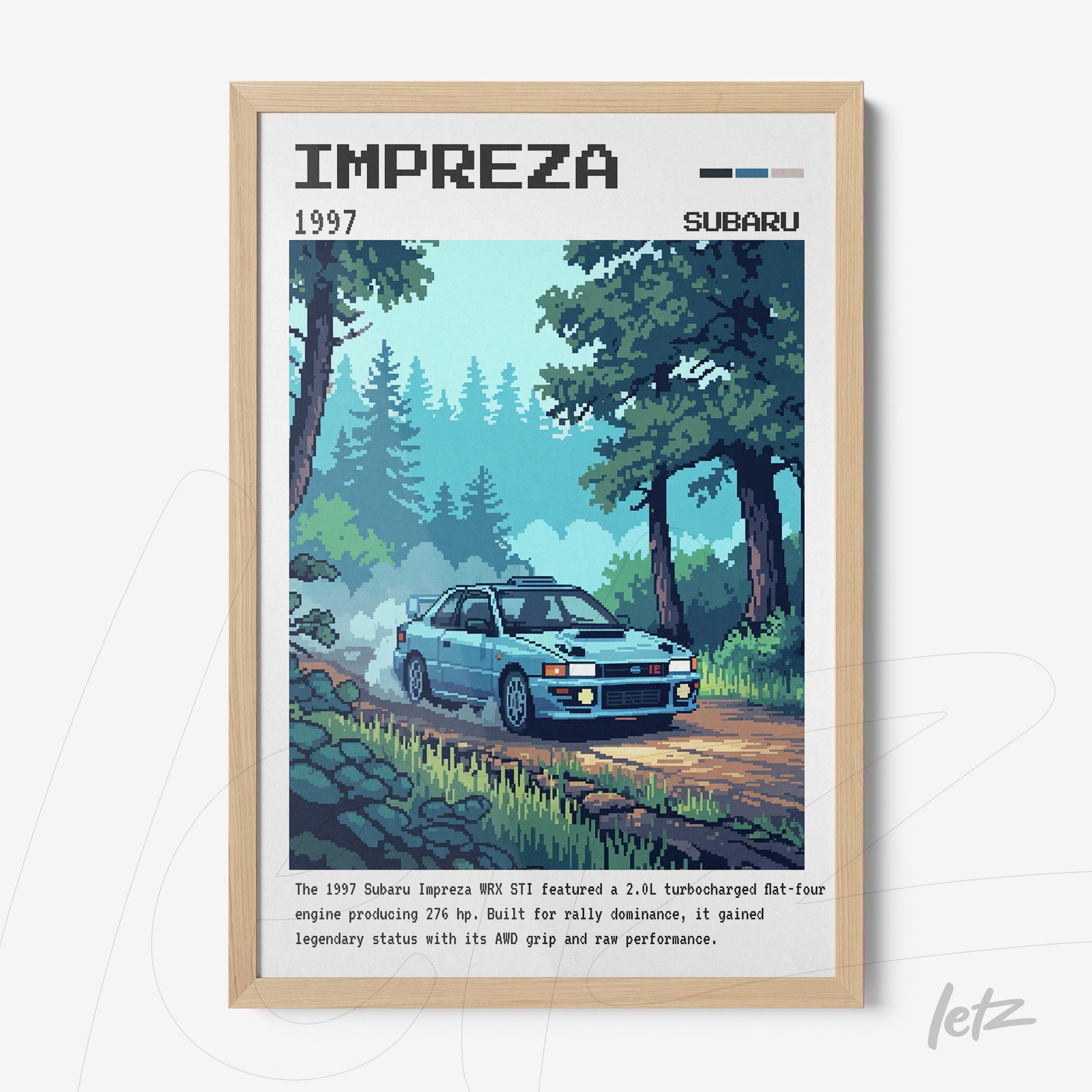 quadro com ilustração estilizada de um carro Subaru Impreza WRX STI em uma estrada rural, rodeado por árvores verdes em fundo azul