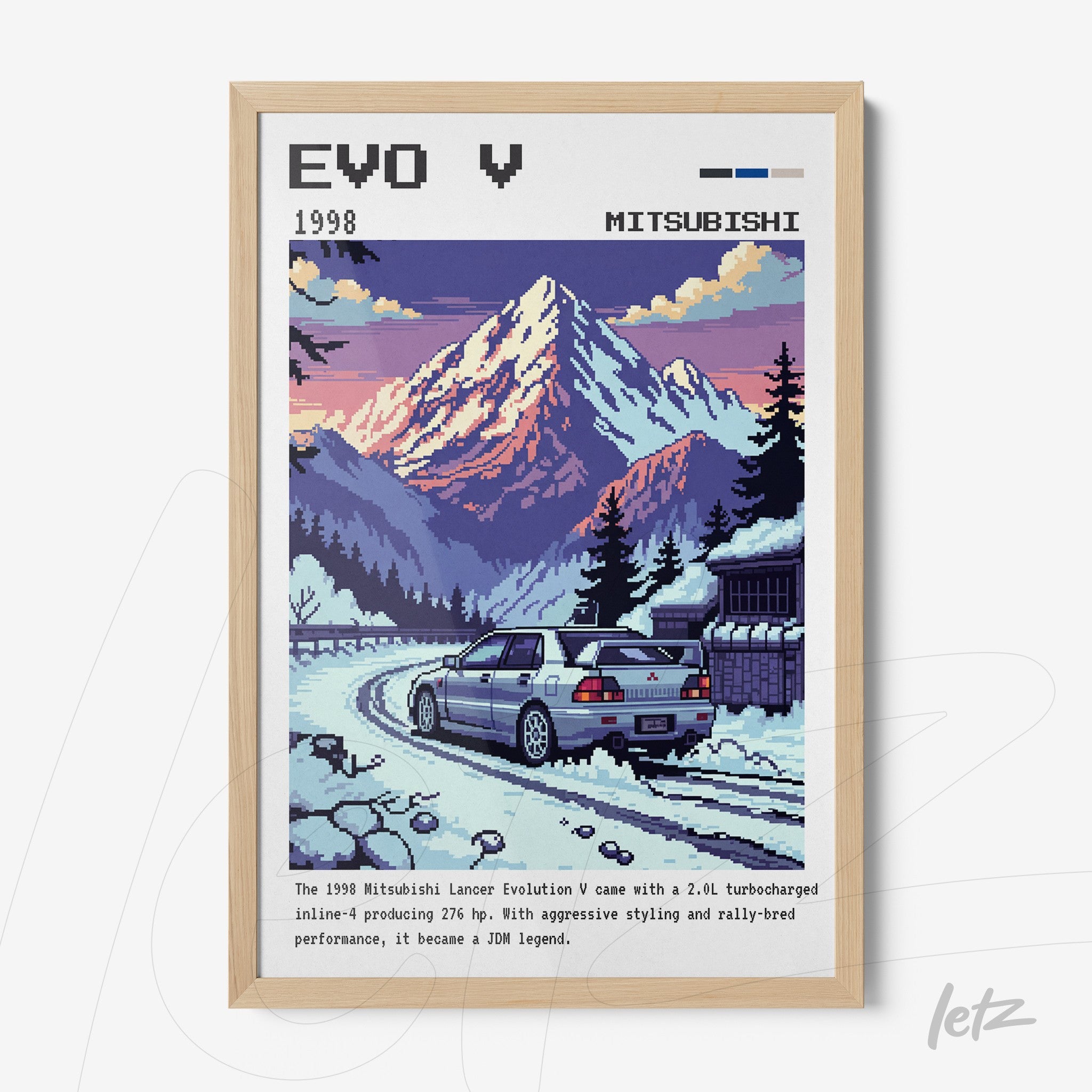 quadro com arte pixelada retratando um Mitsubishi Lancer Evolution V em uma estrada de montanha, fundo montanhoso com neve e moldura em madeira clara