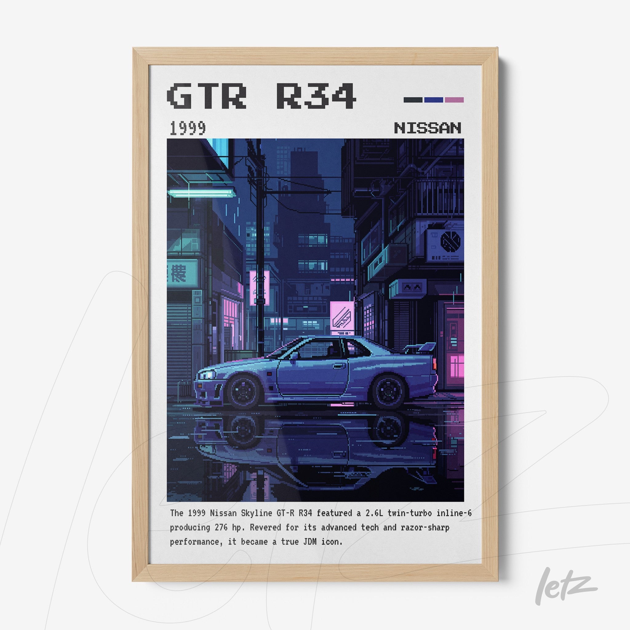 quadro com arte digital do carro Nissan GT-R R34 em moldura de madeira clara com fundo urbano e neon