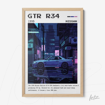 quadro com arte digital do carro Nissan GT-R R34 em moldura de madeira clara com fundo urbano e neon