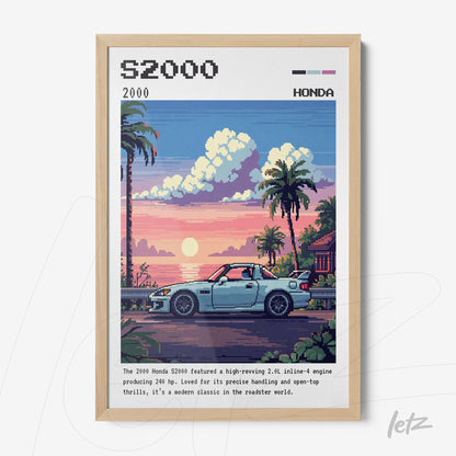 quadro com ilustração pixelada do carro Honda S2000 ao pôr do sol em moldura de madeira clara
