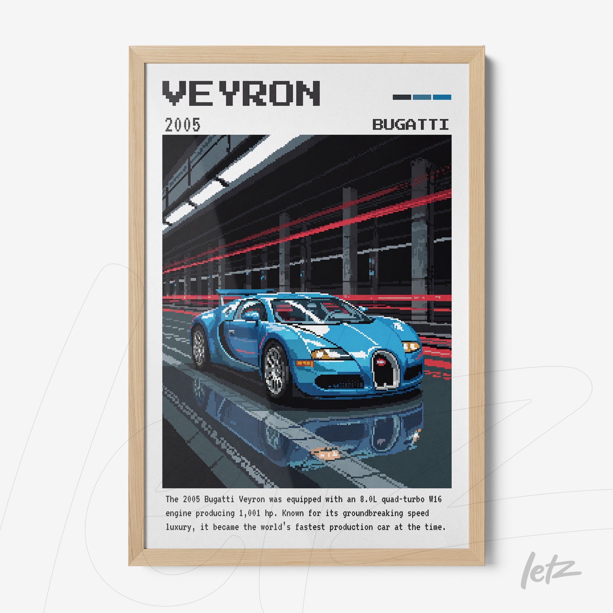 quadro com arte digital de carro esportivo Bugatti Veyron em moldura de madeira clara com fundo urbano