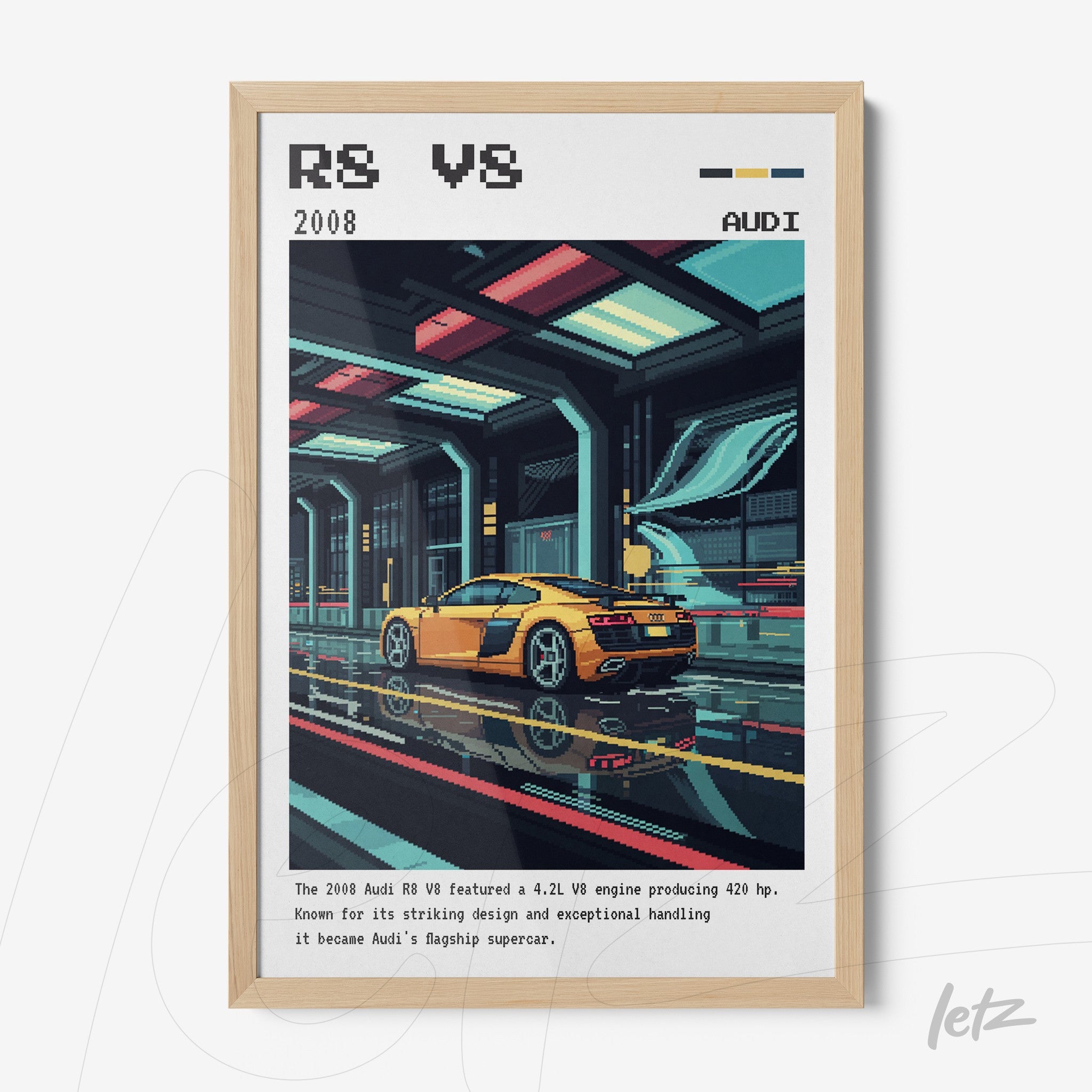 quadro com ilustração do carro Audi R8 V8 em moldura clara, com fundo de ambiente urbano e elementos de design retro