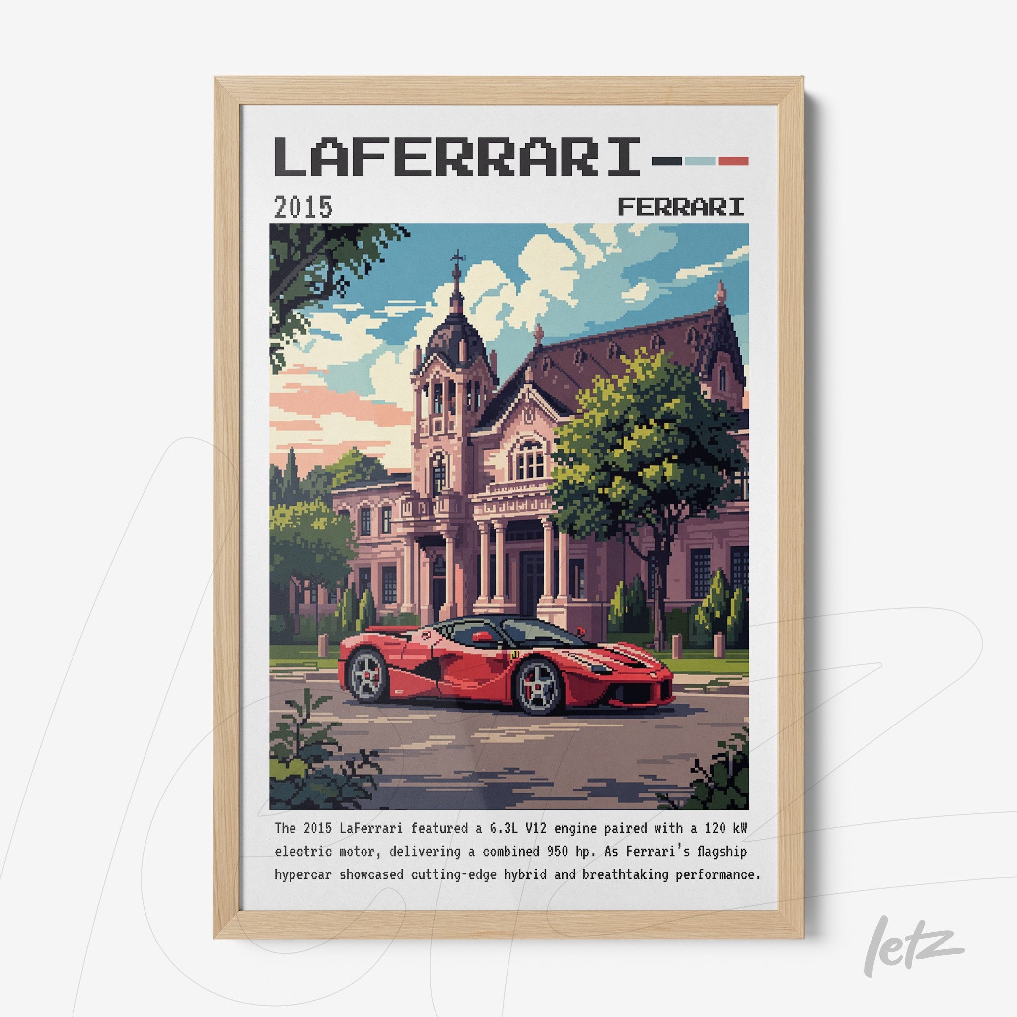 quadro emoldurado com arte pixelada de carro LaFerrari em frente a uma mansão clássica