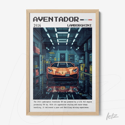 quadro com ilustração detalhada de um Lamborghini Aventador em uma garagem moderna, moldura de madeira clara