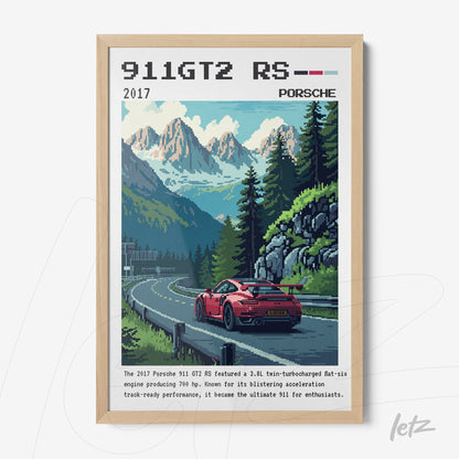 quadro emoldurado com arte digital de um carro esportivo Porsche 911 GT2 RS em uma estrada montanhosa com montanhas ao fundo e florestas ao lado