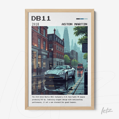 quadro em moldura clara apresentando arte digital do carro Aston Martin DB11, com fundo de cidade chuvosa