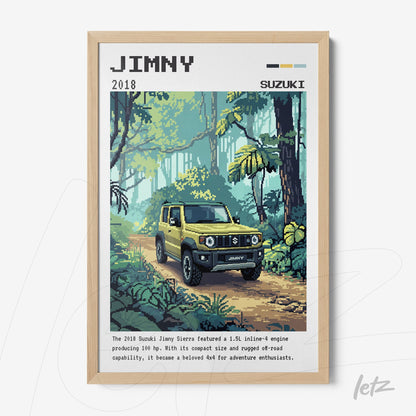 quadro com arte digital retrô de um carro Suzuki Jimny amarelo em um cenário de floresta tropical, moldura clara